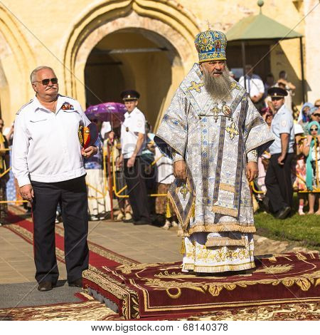 TIKHVIN, RUSSIA - JUL 9, 2014: Bishop Tikhvin and Lodeinopolskiy Mstislav celebrate Orthodox divine Liturgy on occasion celebrations of 10th anniversary of return of the Tikhvin icon of Mother of God.