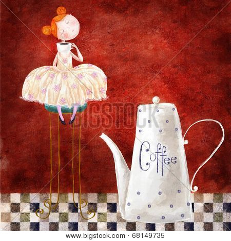 Cute red-head girl with cup of coffee sitting on the chair in the dark red background with teapot