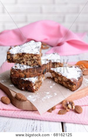 Delicious cake panforte on table close-up