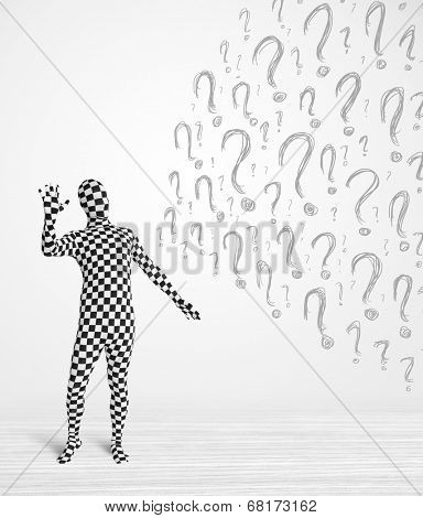 3d human character is body suit morphsuit looking at hand drawn question marks