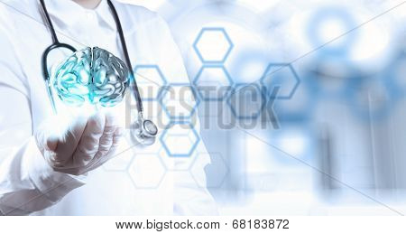 Doctor Neurologist Hand Show Metal Brain With Computer Interface As Concept