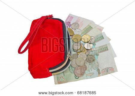 Red Wallet With Coins And Banknote