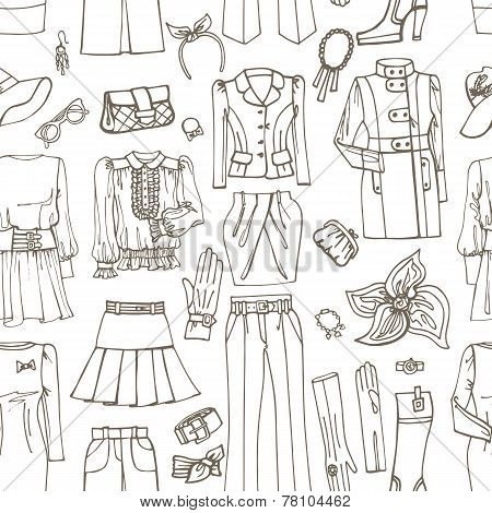Outline Sketch.Females clothing ,accessories seamless pattern