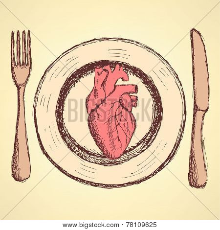 Sketch Human Heart On The Plate In Vintage Style