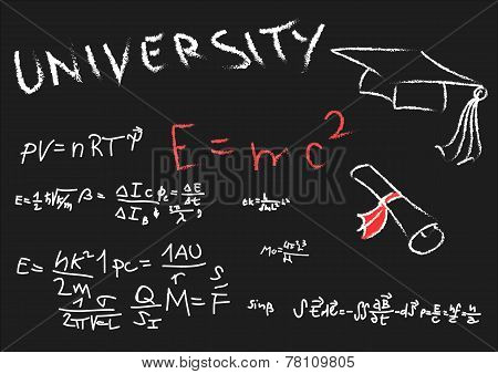 Blackboard With Physics Formulas, Hat Graduate And Undergraduate