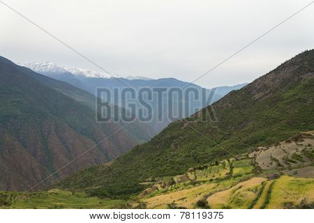 Terraced Fields And Snow Montain Range Background