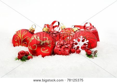 Red Christmas Decoration On Snow