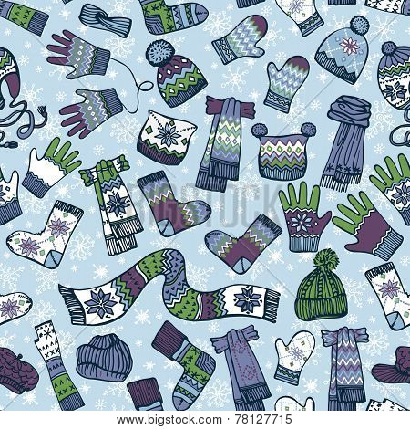 Knitted clothing accessories seamless pattern.Colored Sketchy