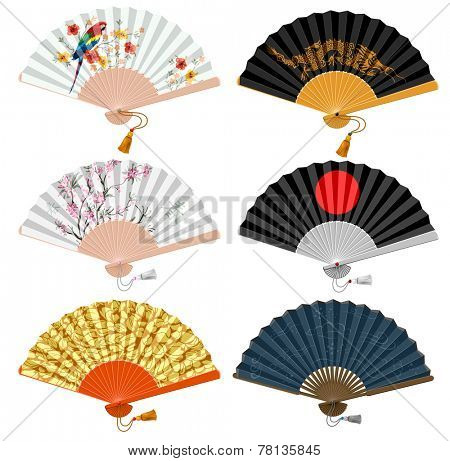 Decorative folding fan set for man and woman. Vector illustration. Isolated on white background.