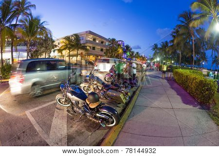 Palm Trees And Art Deco Hotels At Ocean Drive