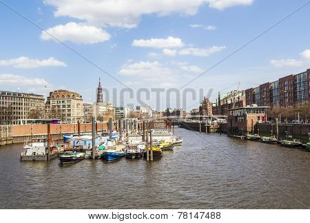 Boats In A Canal In The Baumwall Area In Hamburg,