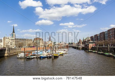 Boats In A Canal In The Baumwall Area In Hamburg,