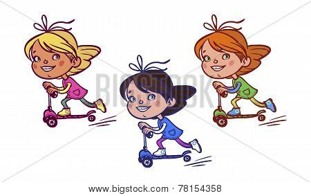 Funny vector cartoon Girl on scooter. vector illustration
