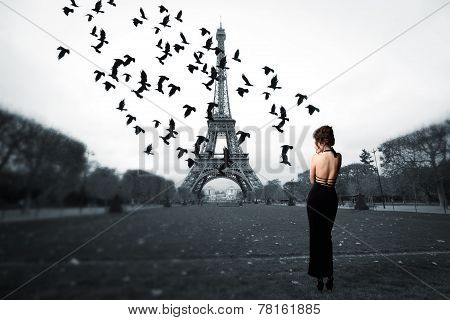 Stylish Girl Stands In The Center Of Paris