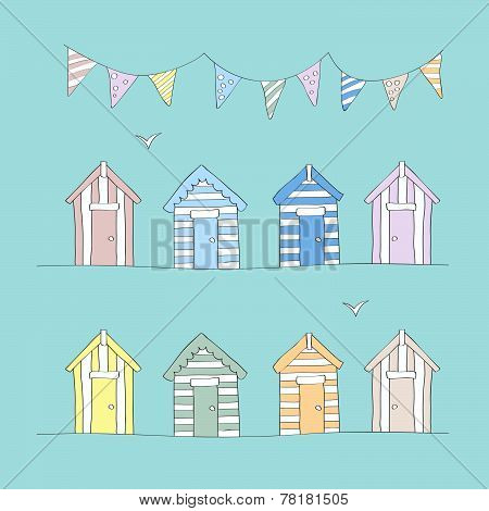 Hand Drawn Beach Huts & Bunting