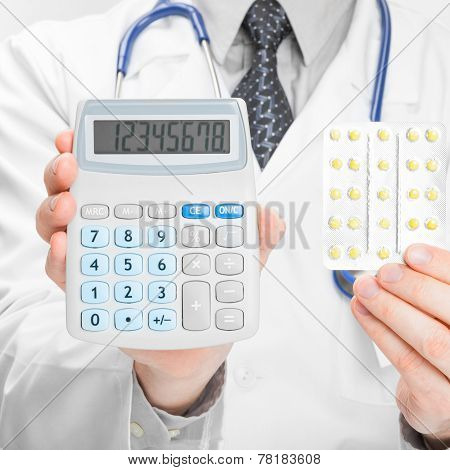 Doctor Holdling Calculator And Pills In His Hands - Heath Care Concept