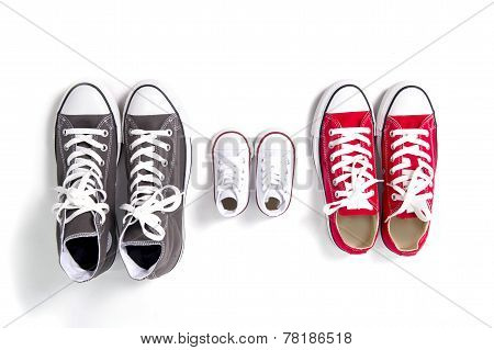 Shoes In Father Big, Mother Medium And Son Or Daughter Small Kid Size In Family Love Concept