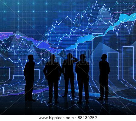 An Abstract Forex Graph Room In Blue With People Siluet