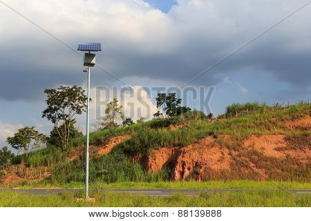 Solar Panel On Electric Pole On Road  For Lightning In Countryside, Brazil