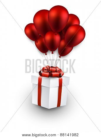 Gift box with red bow flying on balloons. Celebration background. Vector illustration. 