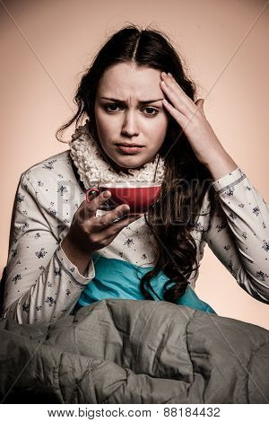 Asian Caucasian Woman With Flu  And Feaver