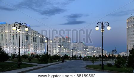 Ashgabad, Turkmenistan - October, 10 2014: Night View Of The New Boulevard In October, 10 2014. Ashk