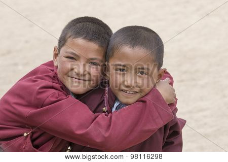 Portrait Of Tibetan Happy Boys In Druk White Lotus School. Ladakh, India