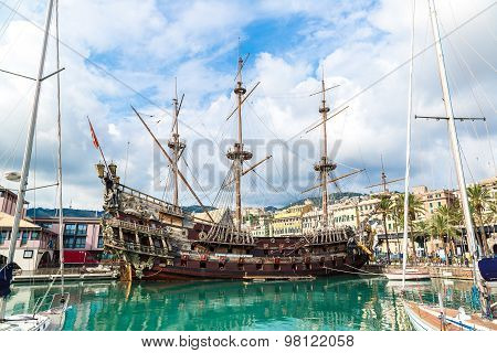 Old Wooden Ship In Genoa, Italy