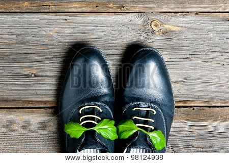 italian leather shoes concept: boots laced with spaghetti and basil leaf as bow