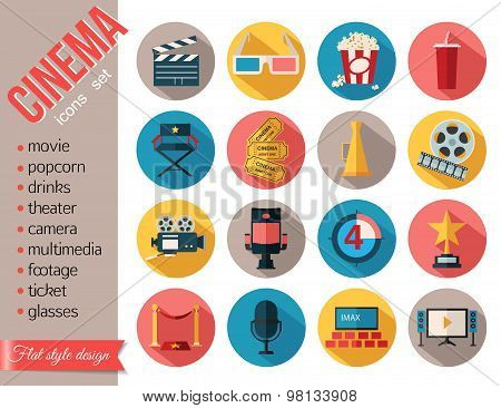 Movie and film icons set. Flat style design.