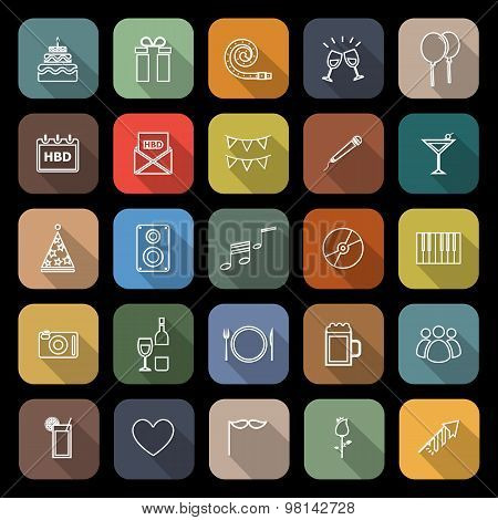 Birthday Line Flat Icons With Long Shadow