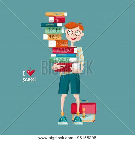 Boy With A Stack Of Books. I Love School.