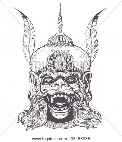 Hand Drawn Monkey Head On A White Background.