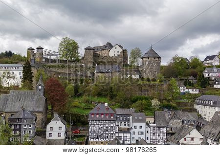 View Of Monschau And Castle From Hill, Germany