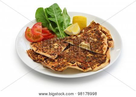 lahmacun, turkish minced meat pizza isolated on white background