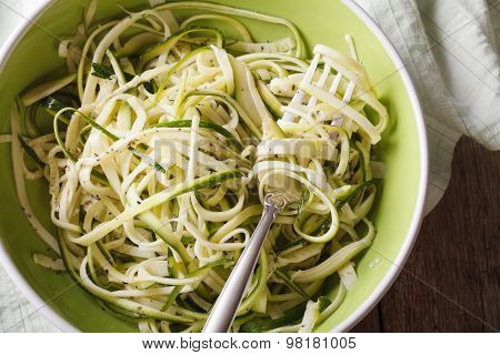 Dietary Zucchini Pasta In A Bowl Closeup. Horizontal Top View