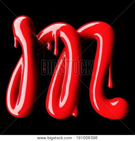 Glossy red letter M uppercase. 3D rendering font with glint on black background.