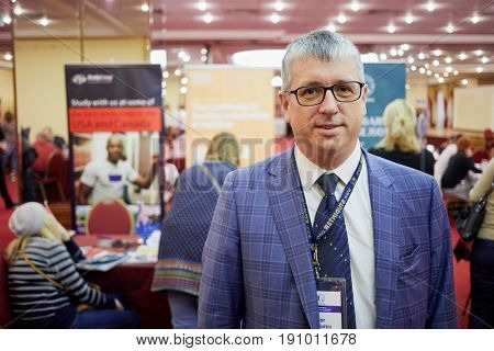MOSCOW, RUSSIA - JAN 22, 2017: Participant of exhibition Education Abroad for All in Radisson Slavyanskaya Hotel and Business Center. 
