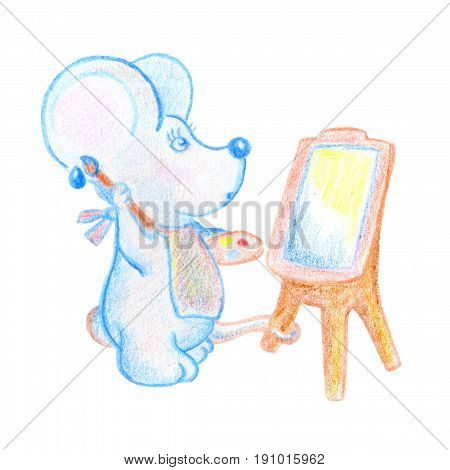 Cute mouse with easel and brush hand-drawn illustration. School lesson of arts. Surprised mouse painting on canvas. Mouse character pencil drawing. Baby shower or child birthday clipart. Art school