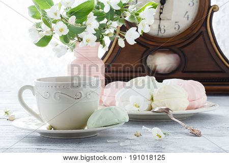 Marshmallow Or Zefir Dessert On White Plate With Branches Of Blooming Apple