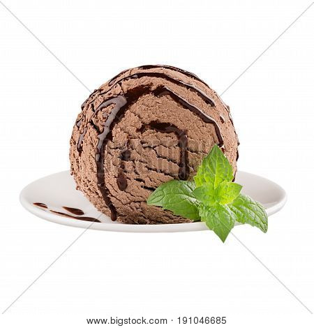 Ice cream brown scoop decorated mint leaves with strips drops chocolate sauce on plate isolated on white background.