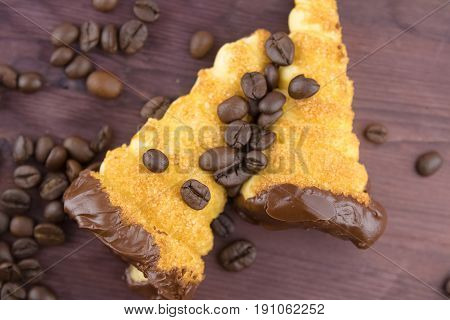 Delicious Sicilian Cannolo Cannellino Sweet With Pastry Hazelnut Near Coffee Beans