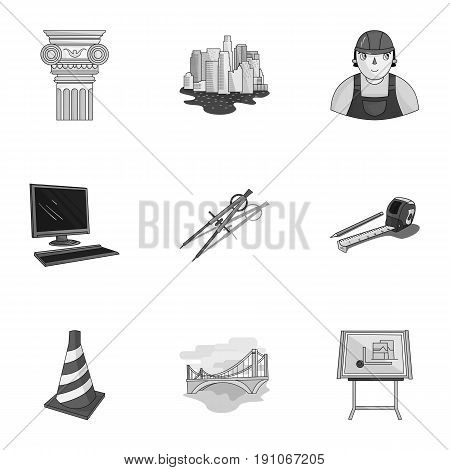 A set of icons on the theme of construction and architects. Builders, architects, and subjects for construction . Architect icon in set collection on monochrome style vector symbol stock web illustration.