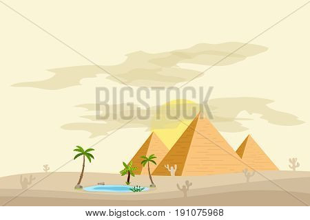 Egyptian pyramids near an oasis with palm trees and water. Flat design vector illustration vector.