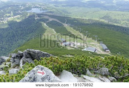 HIGH TATRAS, SLOVAKIA - JUNE 11: Ski-lift cable car leading to Predne Solisko peak of Tatra mountains, on June 11, 2017 in High Tatras, Slovakia.