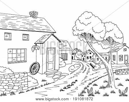 Village street road graphic black white landscape sketch illustration vector