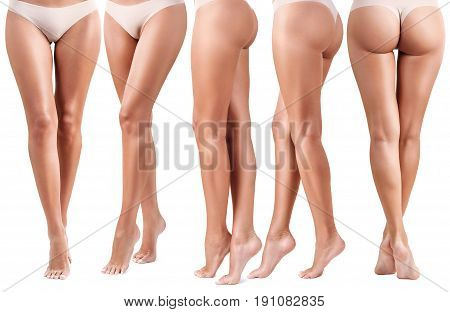 Collage of perfect female legs. Healty and fit legs of young woman. Isolated on white.