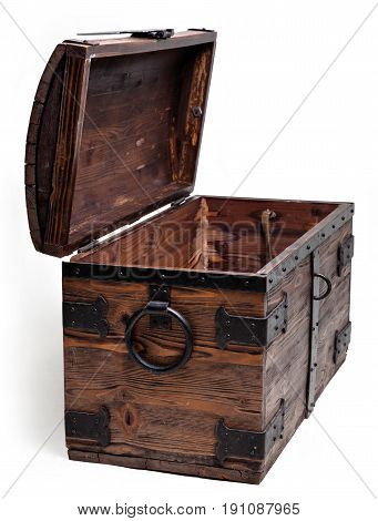 Outdoor wooden old chest with iron fittings. Isolated white background.