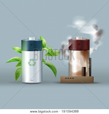 Vector ecological friendly battery with leaves against dangerous one