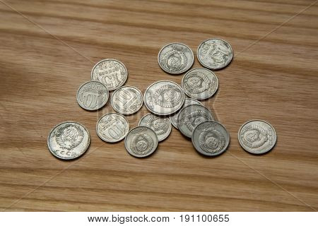 Old Soviet Coins On A Wooden Background